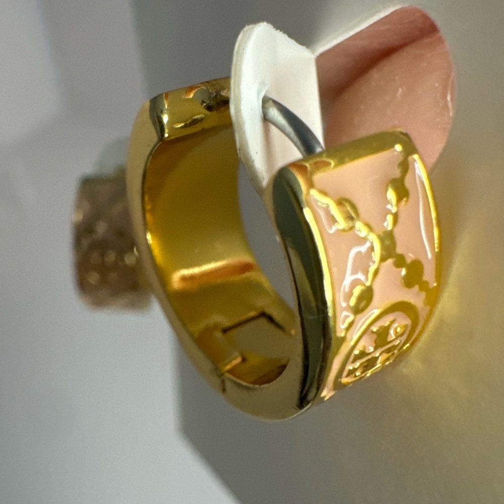 Tory Burch New Monogram Pink Enamel & Gold Plated Huggie Earrings - Picture 7 of 10